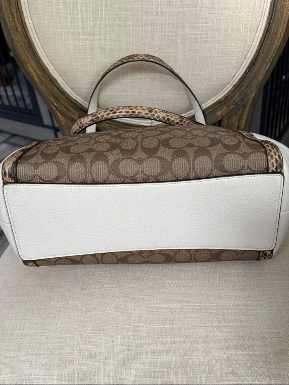 Coach Kristy Signature Canvas Shoulder Bag with White Panels & Snakeskin Trim